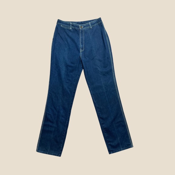 bonjour Denim - VTG 70s High Waisted Straight Leg Denim Jeans Dark Wash Contrast Stitch 32x33